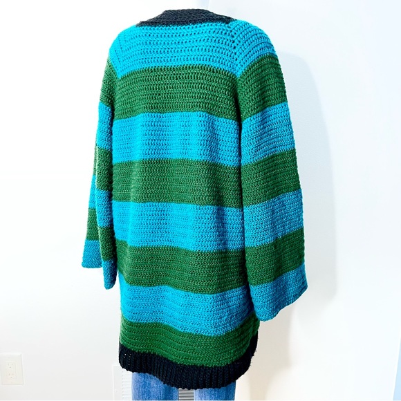 Vintage handmade crocheted Boho black green blue stripped long cardigan sweater - Picture 3 of 4